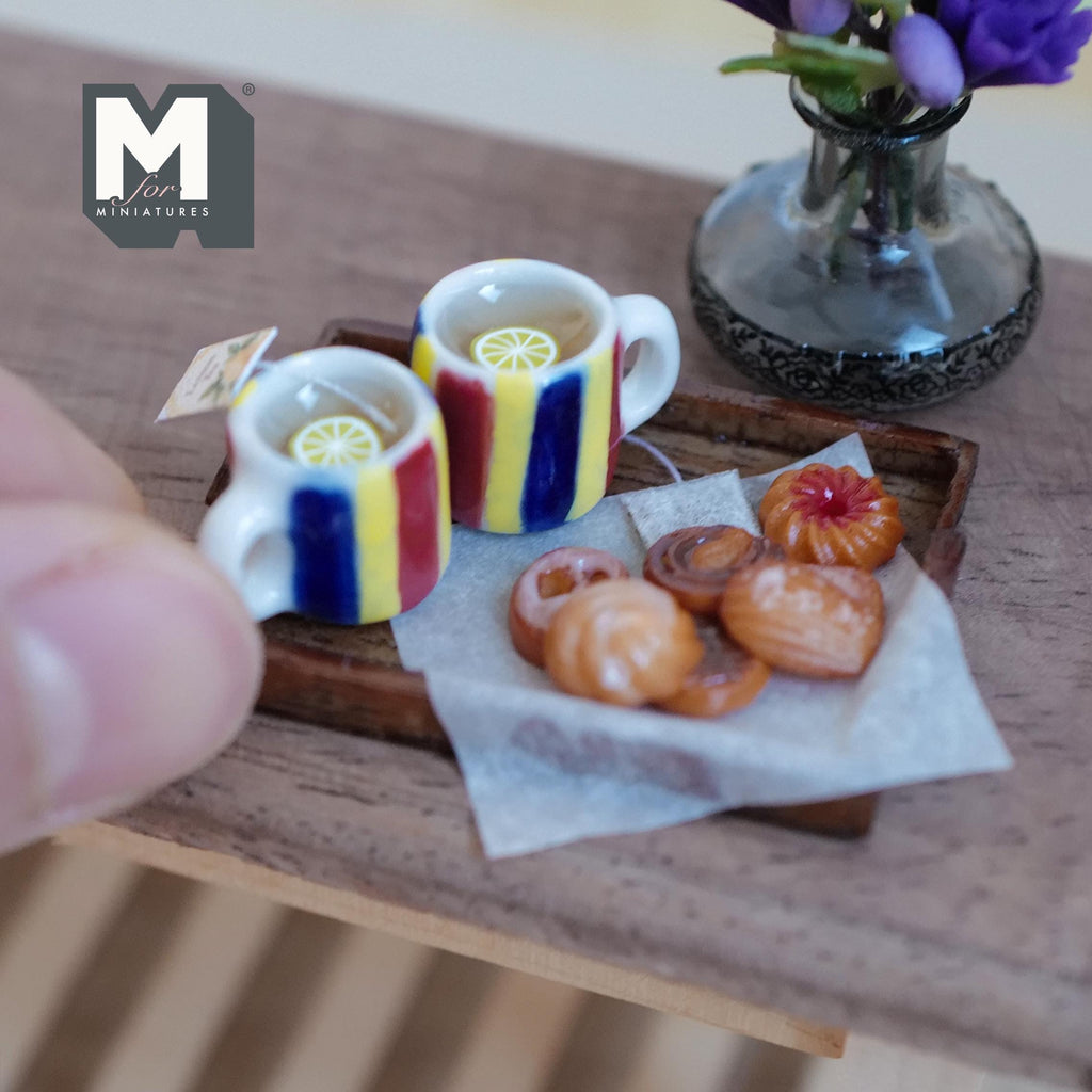 1:12 Scale Miniature Lemon Tea Tray Set with 2 Mugs and Cookies, 1-5/8 inch long, Dollhouse Decor (red, yellow and blue stripe)