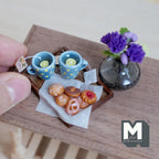 1:12 Scale Miniature Lemon Tea Tray Set with 2 Mugs and Cookies, 1-5/8 inch long, Dollhouse Decor (blue and yellow polka dot)