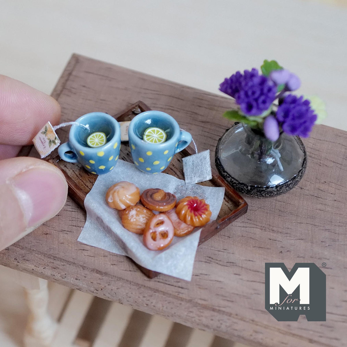 1:12 Scale Miniature Lemon Tea Tray Set with 2 Mugs and Cookies, 1-5/8 inch long, Dollhouse Decor (blue and yellow polka dot)