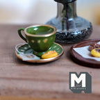 1:12 Scale Miniature Lemon Tea Cup and Saucer with Cookie, 3/4 inch dia., Dollhouse Decor (green polka dot)