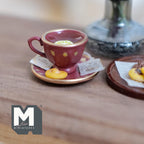 1:12 Scale Miniature Lemon Tea Cup and Saucer with Cookie, 3/4 inch dia., Dollhouse Decor (burgundy polka dot)