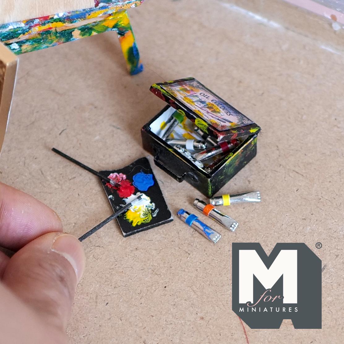 1:12 Scale Miniature Splattered Artist Oil Paint Box with 11 Tubes, Palette and 2 Brushes, 1-1/16 inch wide, Dollhouse Decor