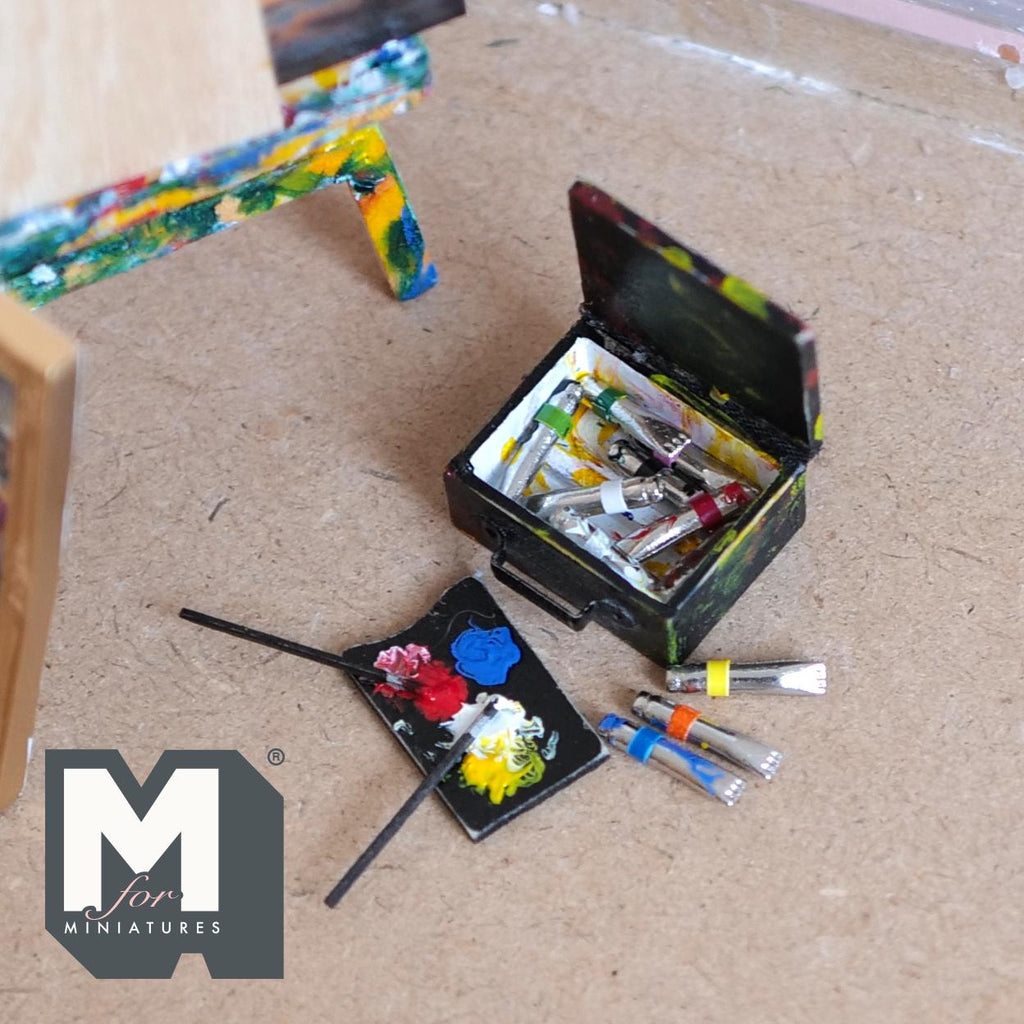 1:12 Scale Miniature Splattered Artist Oil Paint Box with 11 Tubes, Palette and 2 Brushes, 1-1/16 inch wide, Dollhouse Decor