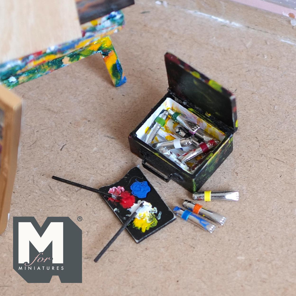 1:12 Scale Miniature Splattered Artist Oil Paint Box with 11 Tubes, Palette and 2 Brushes, 1-1/16 inch wide, Dollhouse Decor