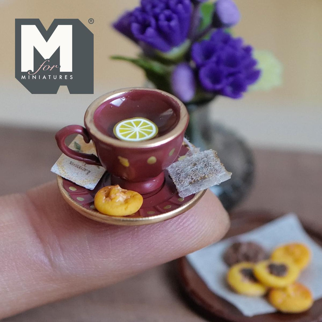1:12 Scale Miniature Lemon Tea Cup and Saucer with Cookie, 3/4 inch dia., Dollhouse Decor (burgundy polka dot)