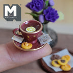 1:12 Scale Miniature Lemon Tea Cup and Saucer with Cookie, 3/4 inch dia., Dollhouse Decor (burgundy polka dot)