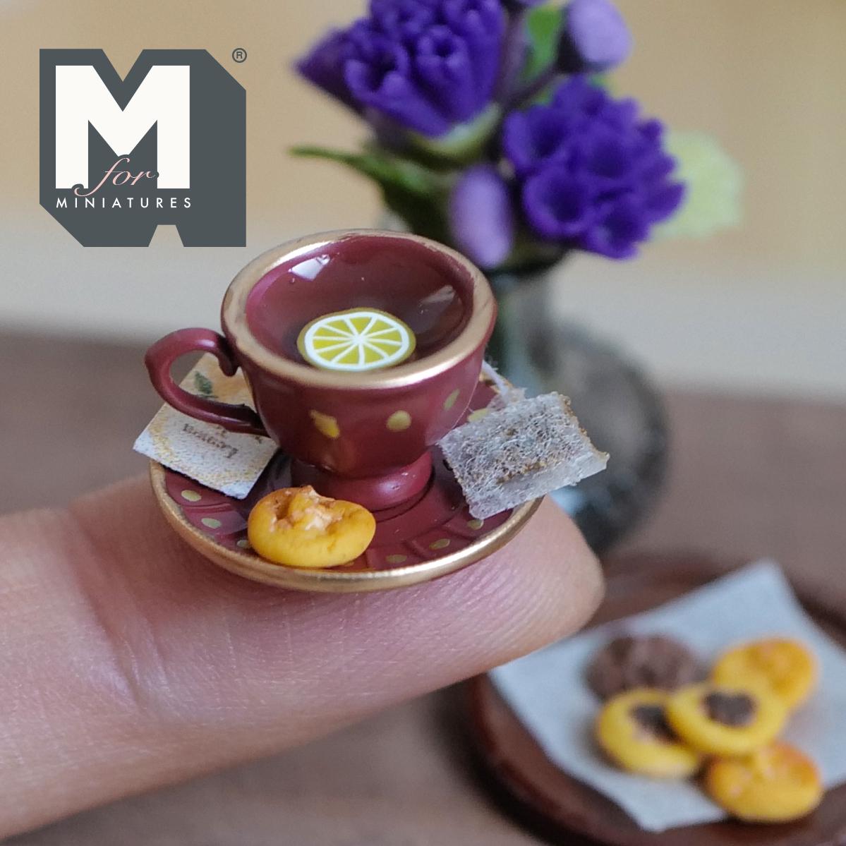 1:12 Scale Miniature Lemon Tea Cup and Saucer with Cookie, 3/4 inch dia., Dollhouse Decor (burgundy polka dot)