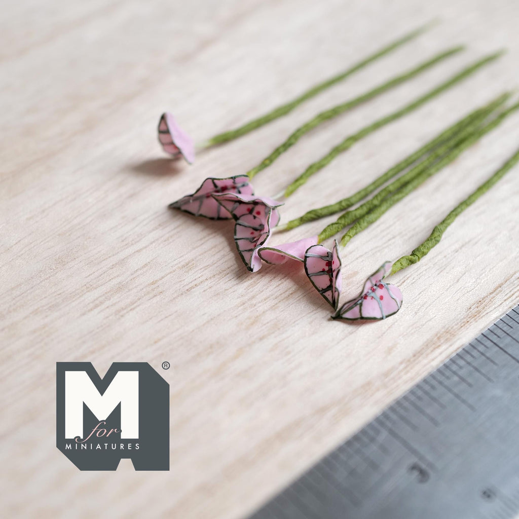 1:12 Scale Miniature Pink Heart Leaf Plant Stems, Set of 7, up to 2-15/16 inch long, DIY Dollhouse Supply