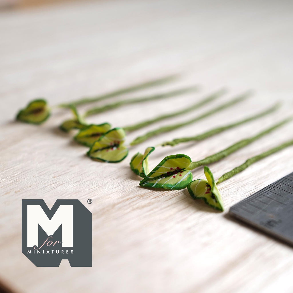 1:12 Scale Miniature Variegated Leaf Plant Stems, Set of 7, up to 2-5/8 inch long, DIY Dollhouse Supply