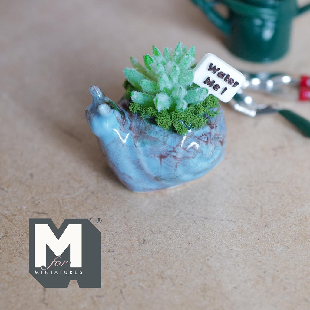 1:12 Scale Miniature Ceramic Snail Planter with Succulent and Water Me Sign, 7/8 inch tall, DIY Dollhouse Supply (blue)