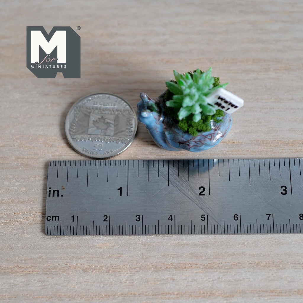 1:12 Scale Miniature Ceramic Snail Planter with Succulent and Water Me Sign, 7/8 inch tall, DIY Dollhouse Supply (blue)