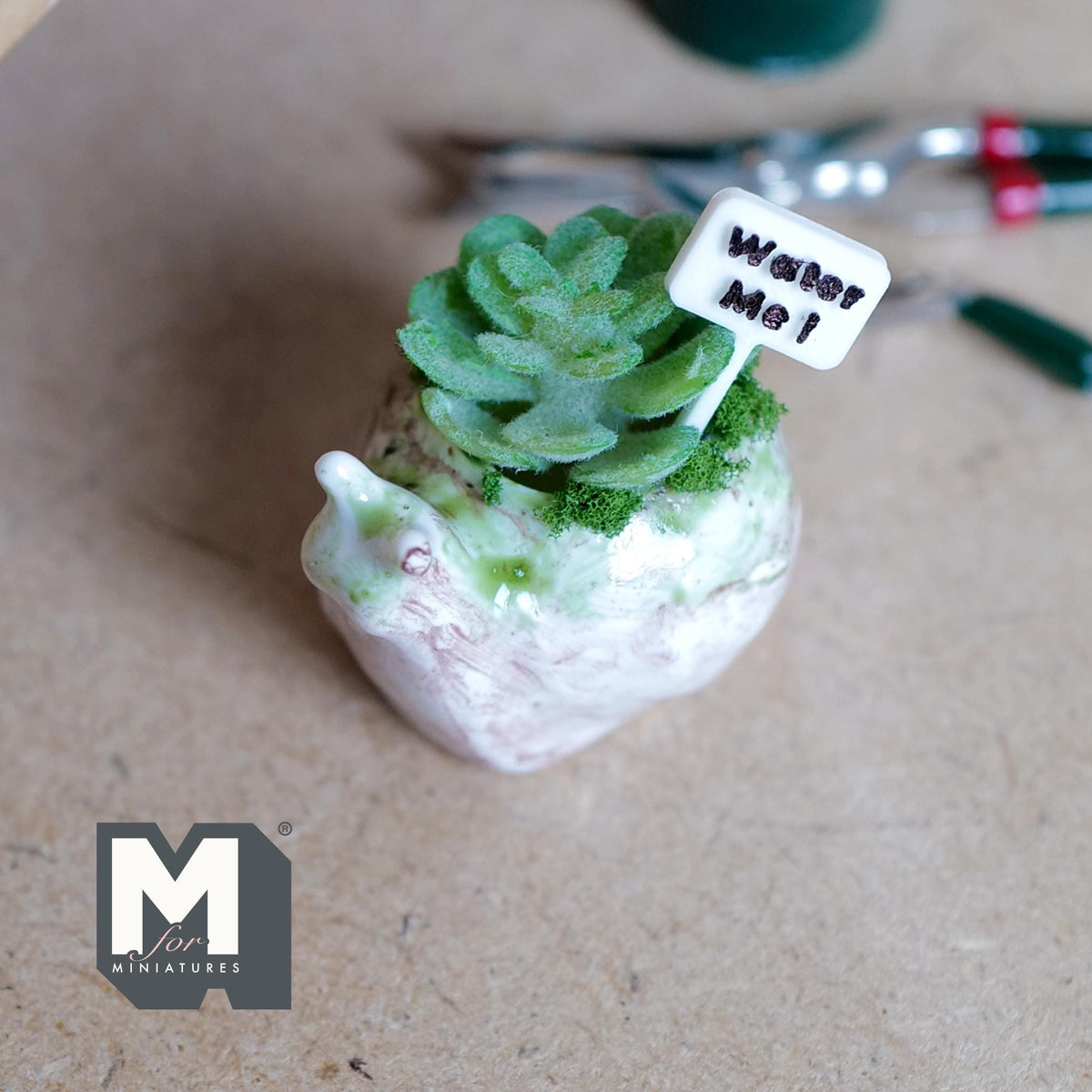 1:12 Scale Miniature Ceramic Snail Planter with Succulent and Water Me Sign, 7/8 inch tall, DIY Dollhouse Supply (white)