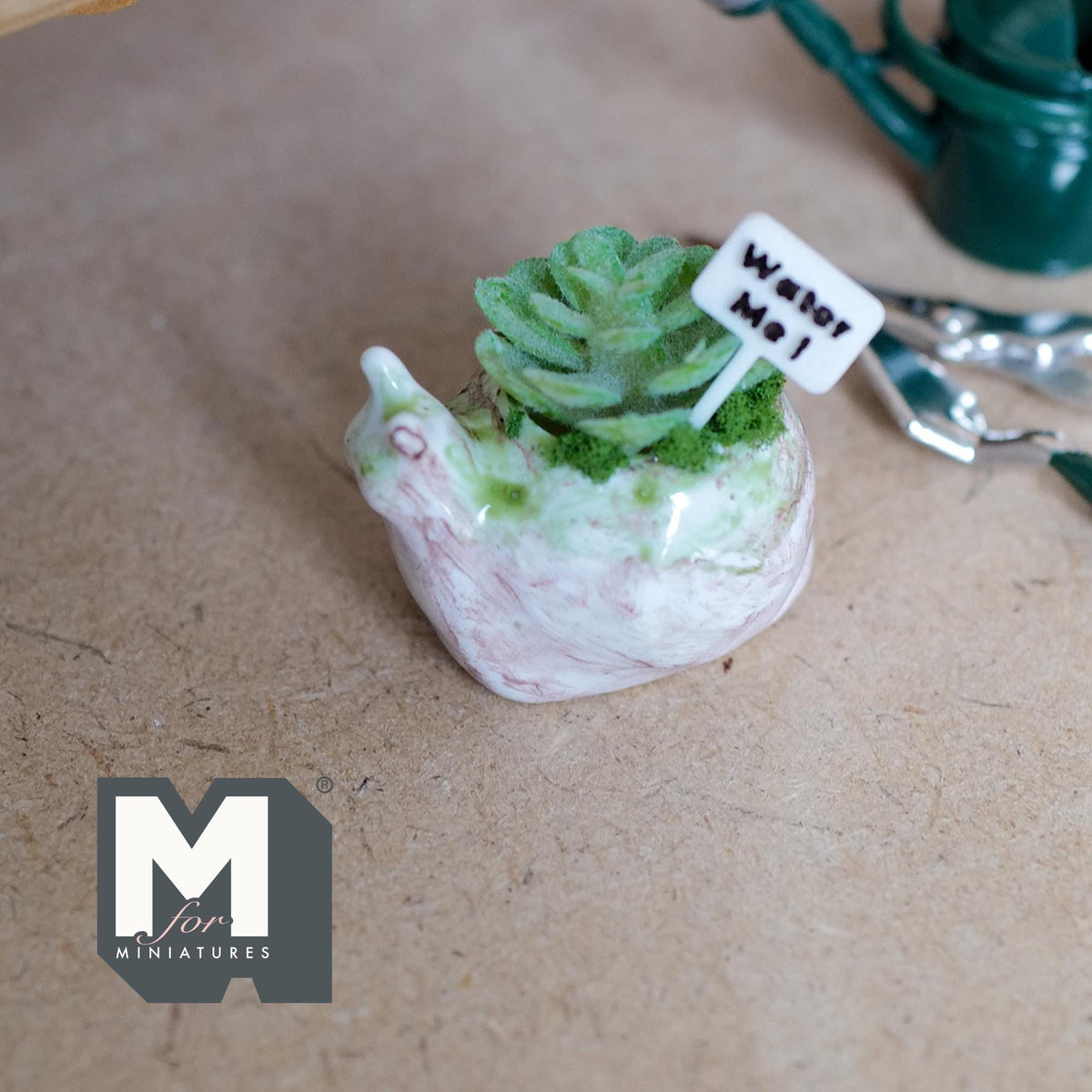 1:12 Scale Miniature Ceramic Snail Planter with Succulent and Water Me Sign, 7/8 inch tall, DIY Dollhouse Supply (white)