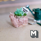 1/12スケール ミニチュア陶器製カタツムリのプランター（多肉植物と「お水をちょうだい」サイン付き）、高さ約2.2cm、ドールハウス用DIYパーツ（オレンジ）