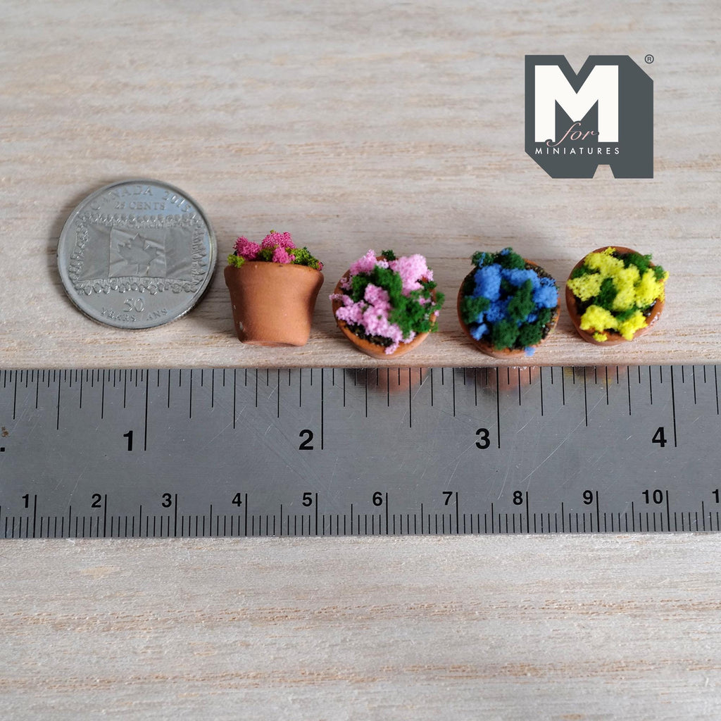 1:12 Scale Miniature Terracotta Potted Flowers, Set of 4, Pink, Blue and Yellow, 9/16 inch tall, DIY Dollhouse Supply