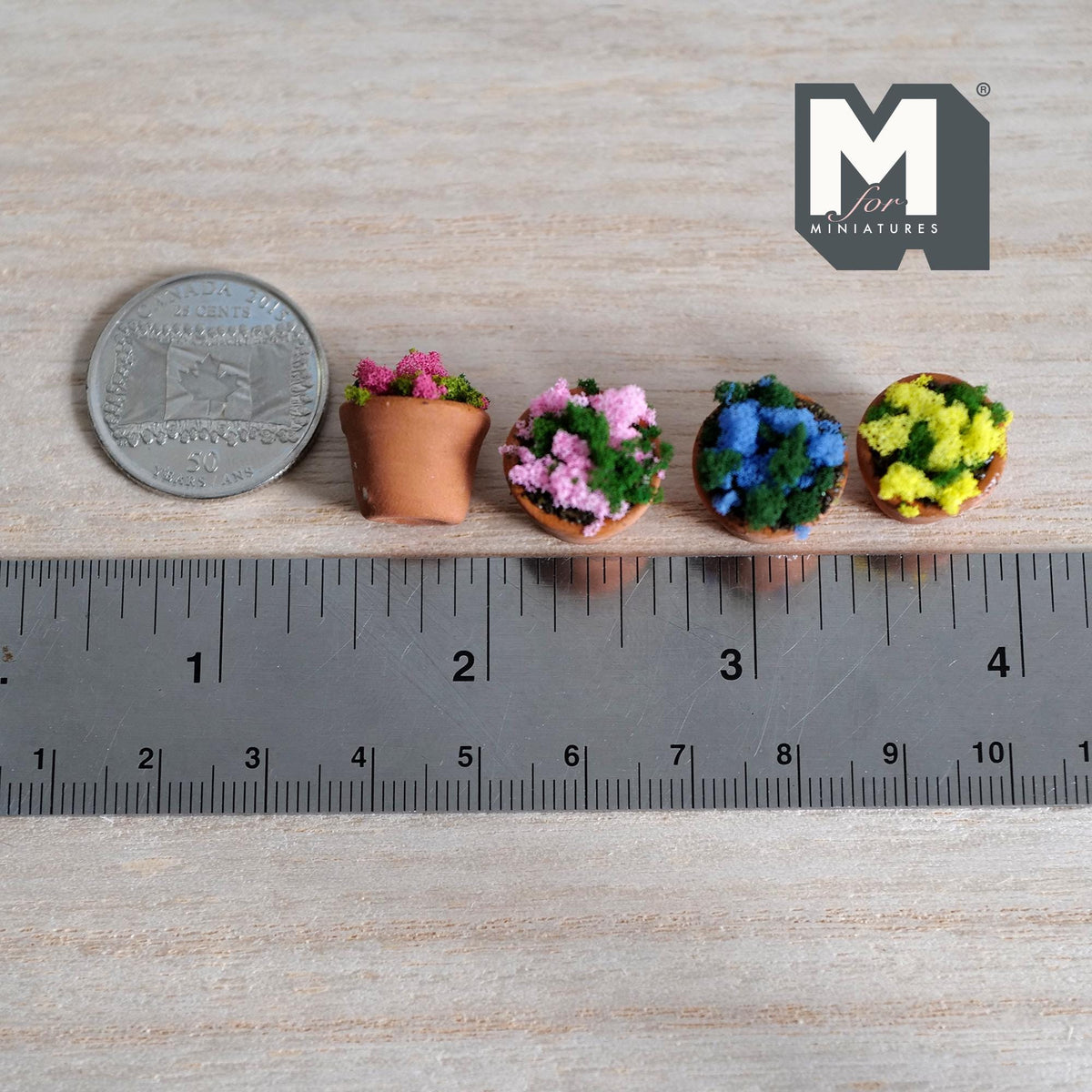1:12 Scale Miniature Terracotta Potted Flowers, Set of 4, Pink, Blue and Yellow, 9/16 inch tall, DIY Dollhouse Supply