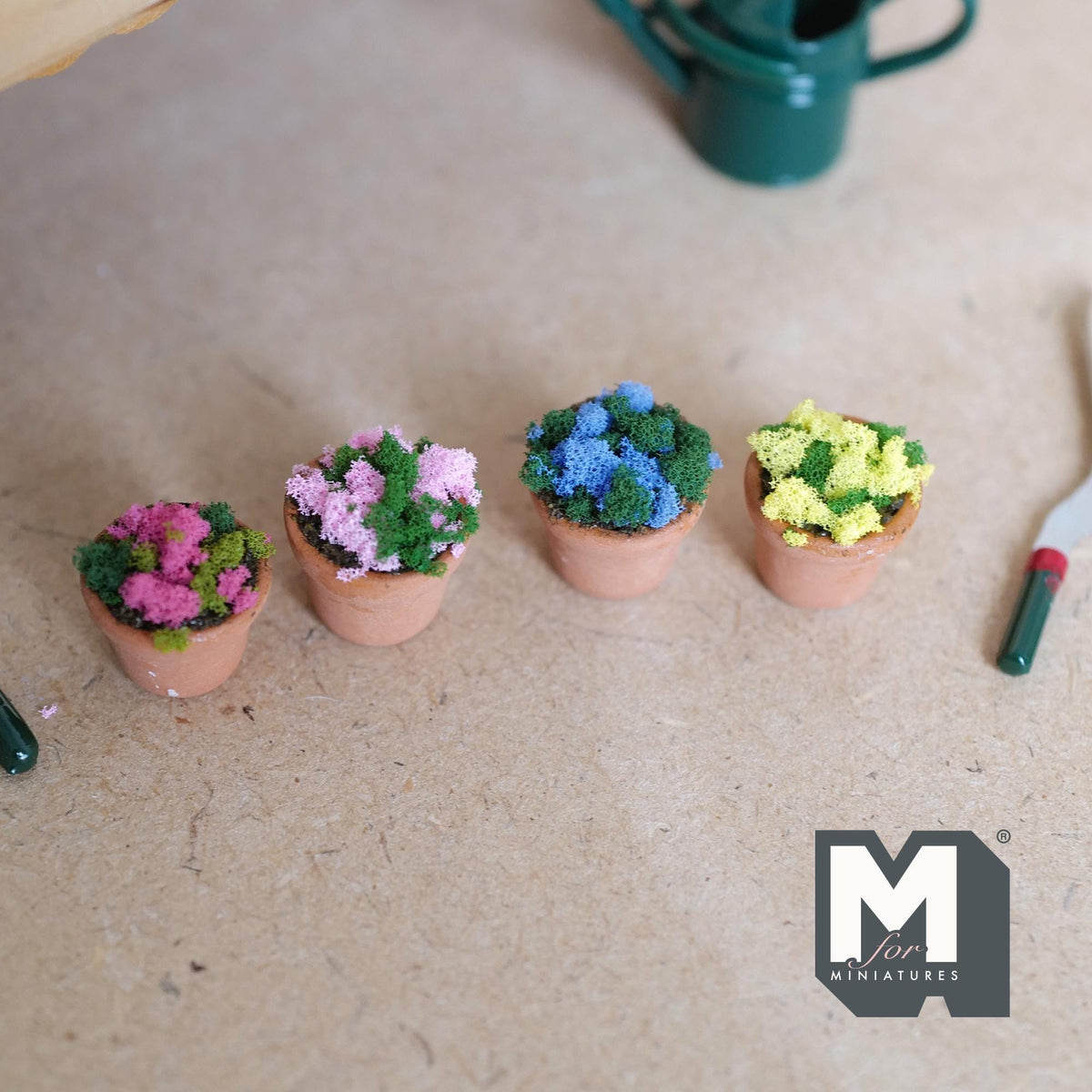 1:12 Scale Miniature Terracotta Potted Flowers, Set of 4, Pink, Blue and Yellow, 9/16 inch tall, DIY Dollhouse Supply