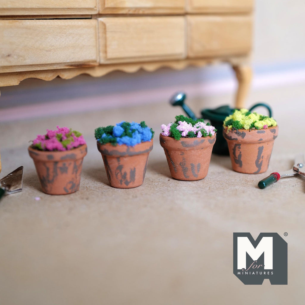 1:12 Scale Miniature Potted Flowers in Weathered Terracotta Pots, Set of 4, 3/4 inch tall, DIY Dollhouse Supply
