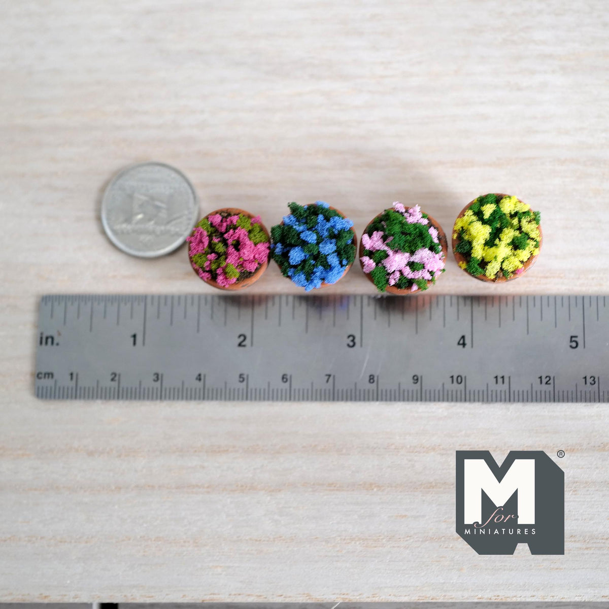 1:12 Scale Miniature Potted Flowers in Weathered Terracotta Pots, Set of 4, 3/4 inch tall, DIY Dollhouse Supply