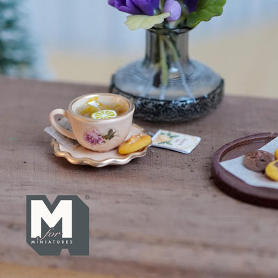 1:12 Scale Miniature Lemon Tea Cup and Saucer with Cookie, 3/4 inch dia., Dollhouse Decor (peach)