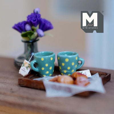1:12 Scale Miniature Lemon Tea Tray Set with 2 Mugs and Cookies, 1-5/8 inch long, Dollhouse Decor (teal and yellow polka dot)