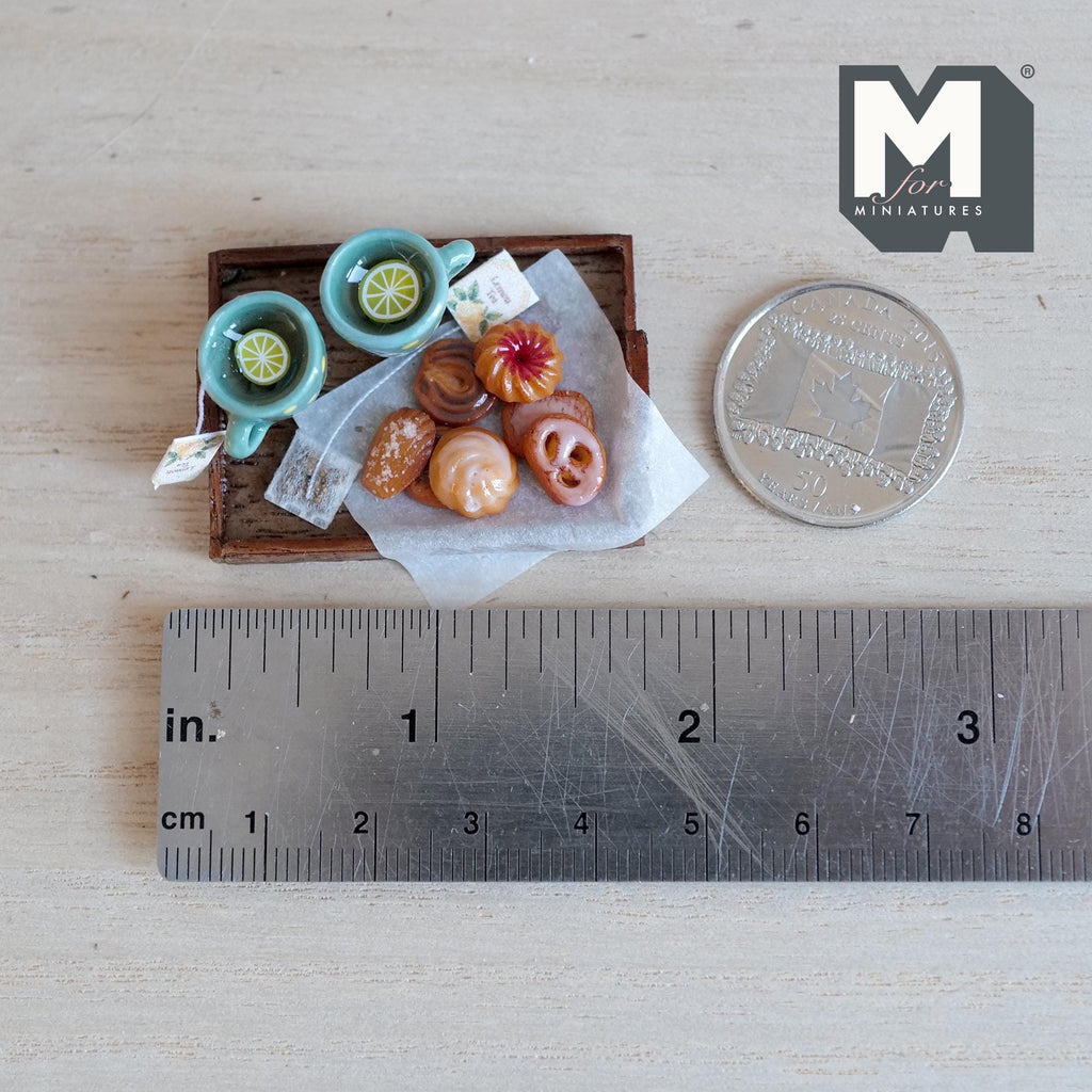 1:12 Scale Miniature Lemon Tea Tray Set with 2 Mugs and Cookies, 1-5/8 inch long, Dollhouse Decor (teal and yellow polka dot)