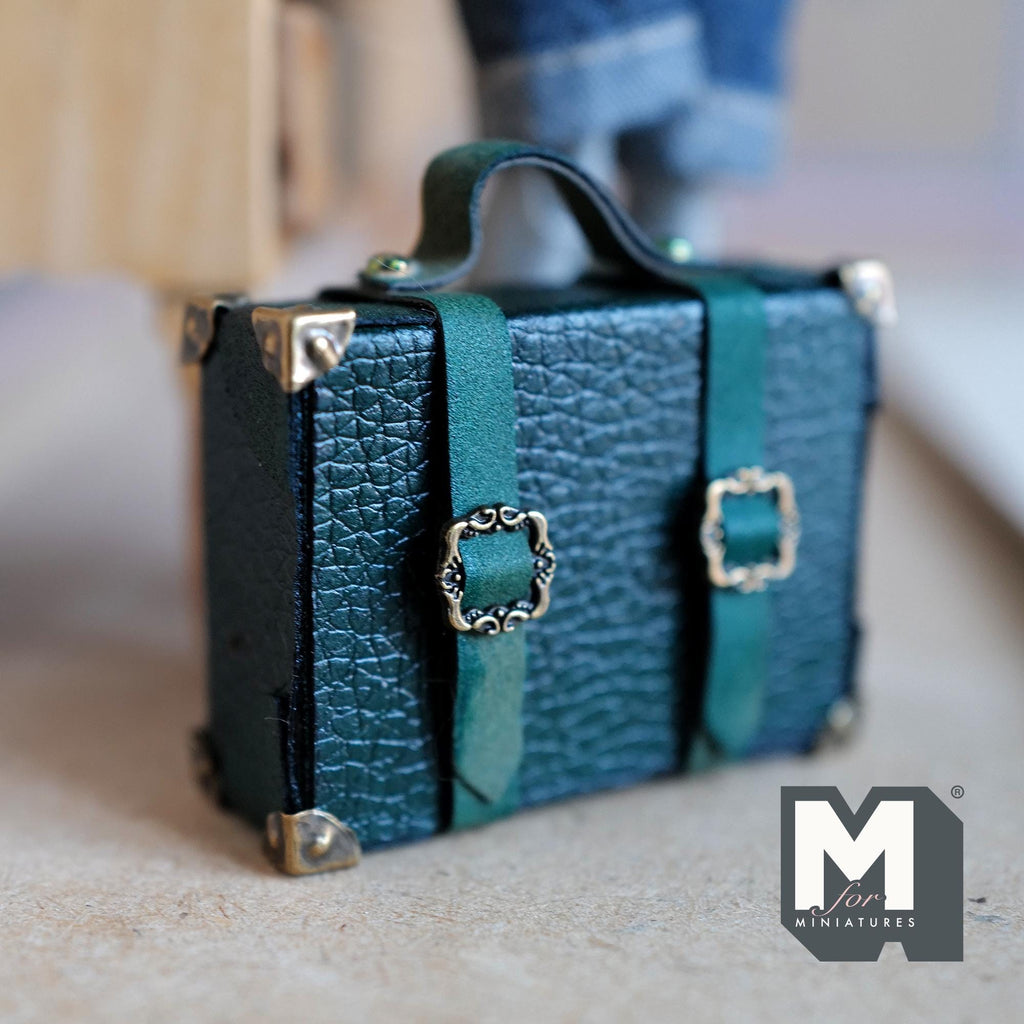 1:12 Scale Miniature Faux Leather Suitcase with Buckle Straps, 1-7/8 inch wide, Dollhouse Decor (dark green) (non opening)
