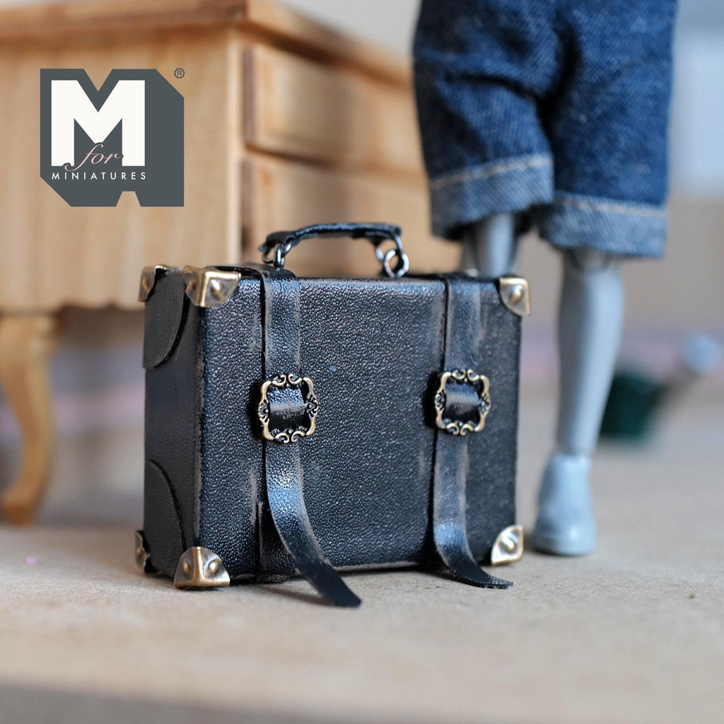 1:12 Scale Miniature Distressed Faux Leather Suitcase with Buckle Straps, 1-7/8 inch wide, Dollhouse Decor (black) (non opening)