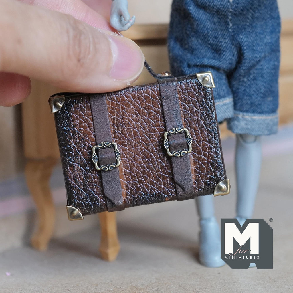 1:12 Scale Miniature Distressed Faux Leather Suitcase with Buckle Straps, 1-7/8 inch wide, Dollhouse Decor (brown) (non opening)