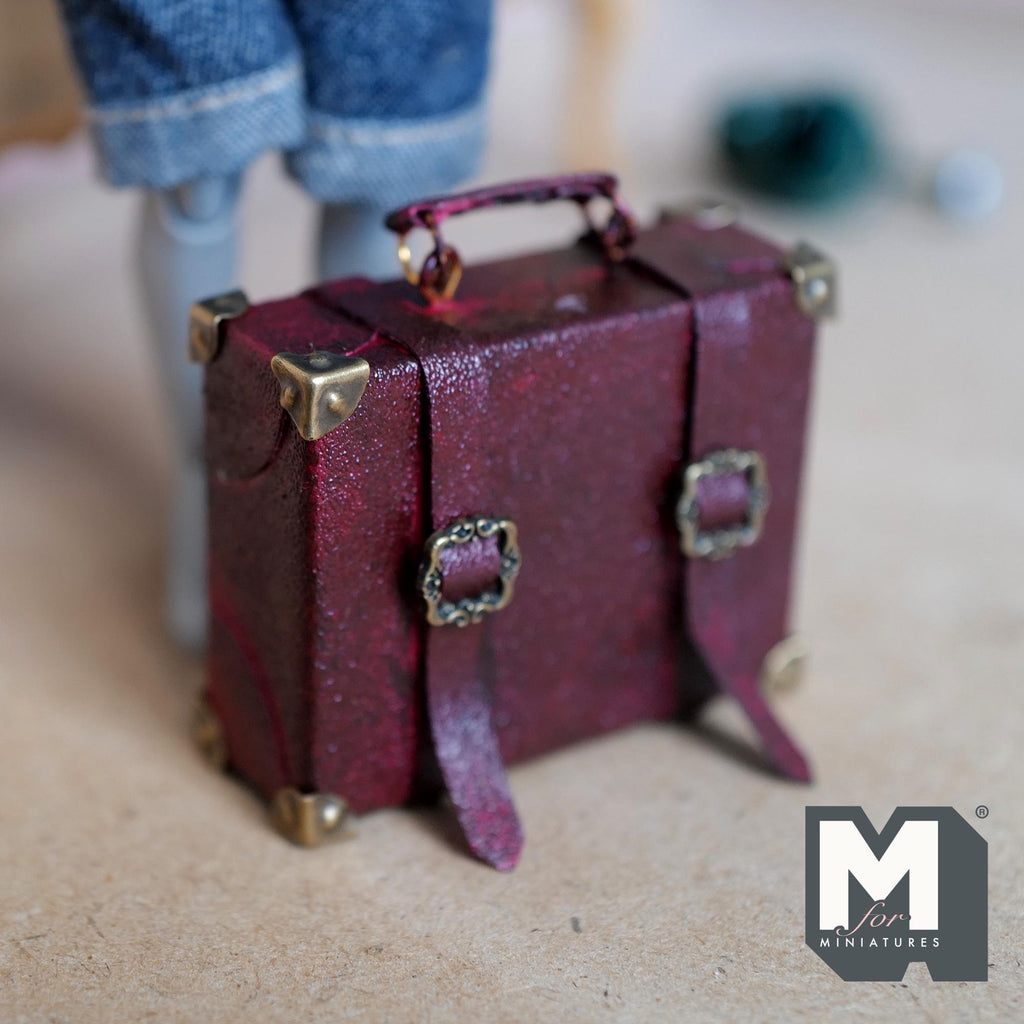 1:12 Scale Miniature Distressed Faux Leather Suitcase with Buckle Straps, 1-7/8 inch wide, Dollhouse Decor (burgundy) (non opening)