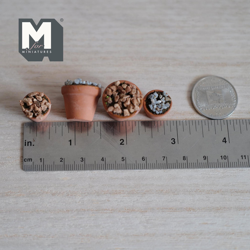 1:12 Scale Miniature Terracotta Pots with Soil and Rock Topping, Set of 4, 3/4 inch tall, Dollhouse Decor
