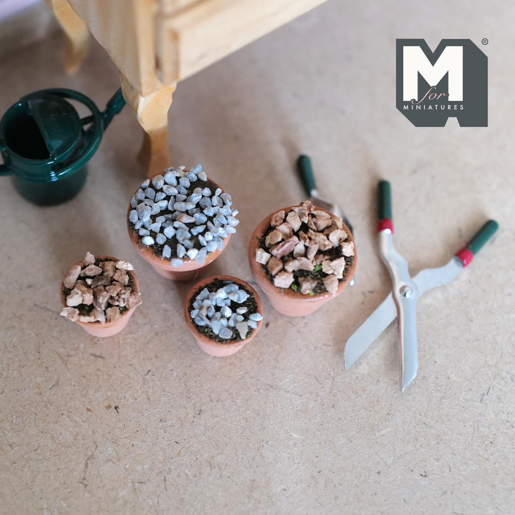 1:12 Scale Miniature Terracotta Pots with Soil and Rock Topping, Set of 4, 3/4 inch tall, Dollhouse Decor