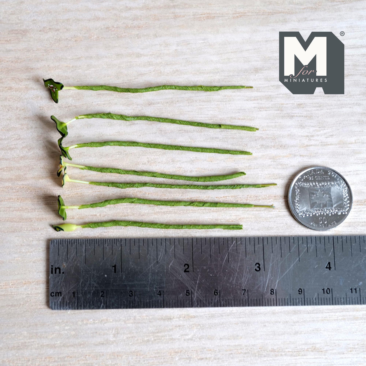 1:12 scale miniature heart shaped leaf plant stems in green and pale yellow green with dark edges and red and white speckles, on green wrapped stems