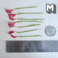 1:12 scale miniature pointed red leaf plant stems with dark green edges and dark center veins, plus one pale pink leaf, on green wrapped stems