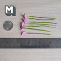 1:12 scale miniature bright pink heart shaped leaf plant stems with dark edges and red and white speckles, on green wrapped stems