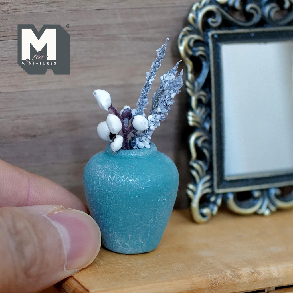 1:12 Scale Miniature Clay Plum Shaped Vase with Silver Stems and White Berries, Weathered, 1-5/8 inch tall, Dollhouse Decor (teal)