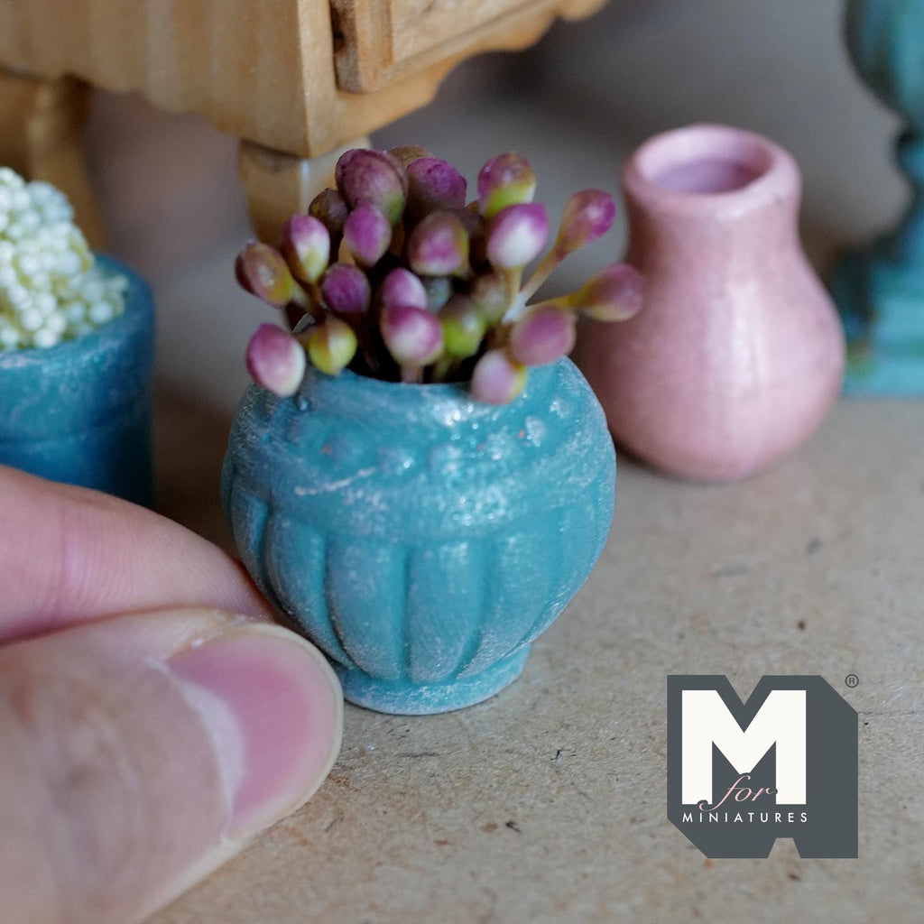 1:12 Scale Miniature Clay Potted Plant, Weathered Urn Shaped Pot with Flower Buds, 1-1/8 inch dia., Dollhouse Decor (teal)