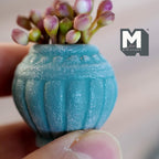 1:12 Scale Miniature Clay Potted Plant, Weathered Urn Shaped Pot with Flower Buds, 1-1/8 inch dia., Dollhouse Decor (teal)