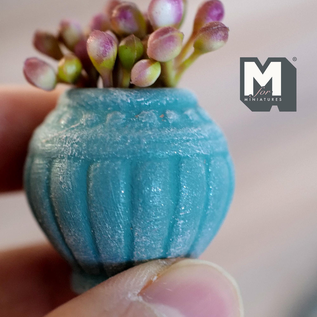 Miniatura in scala 1:12 pianta in vaso di argilla, vaso a forma di urna invecchiato con boccioli di fiori, diametro 1-1/8 inch, decorazione per casa delle bambole (verde acqua)