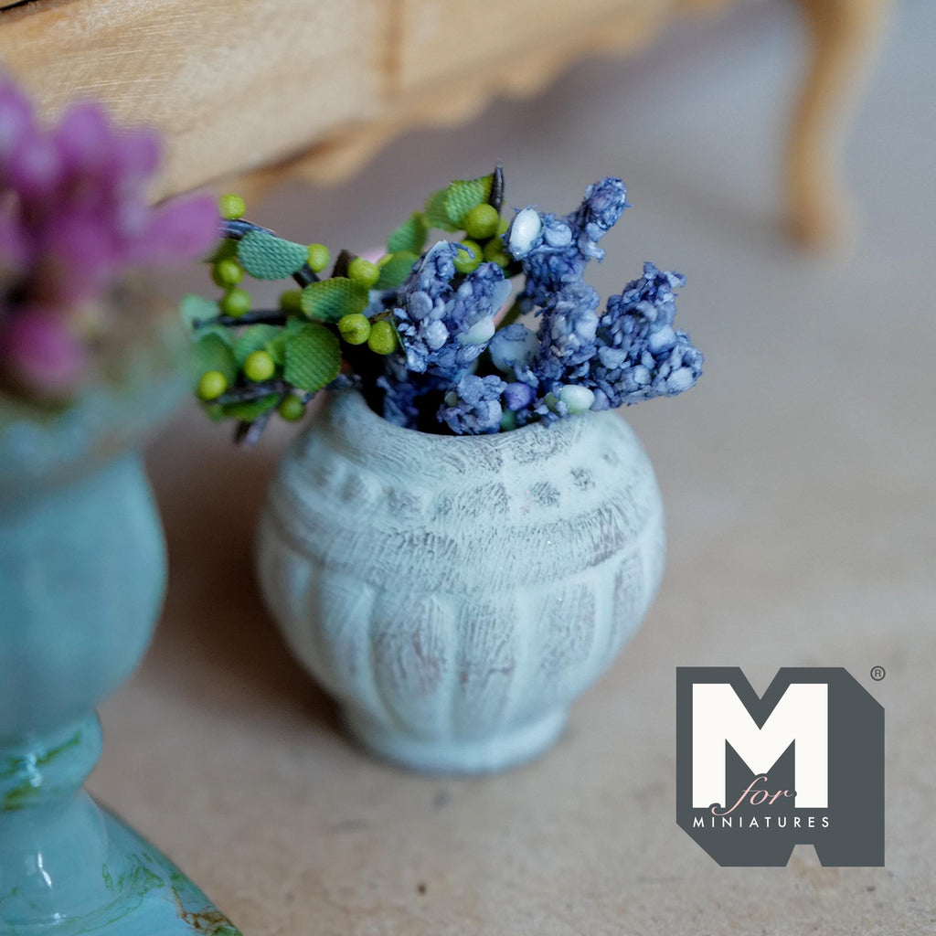 1:12 Scale Miniature Clay Potted Plant, Weathered Urn Shaped Pot with Blue Flowers, 1-11/16 inch tall, Dollhouse Decor (gray)