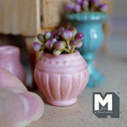 1:12 Scale Miniature Clay Potted Plant, Weathered Urn Shaped Pot with Flower Buds, 1-5/8 inch tall, Dollhouse Decor (pink)