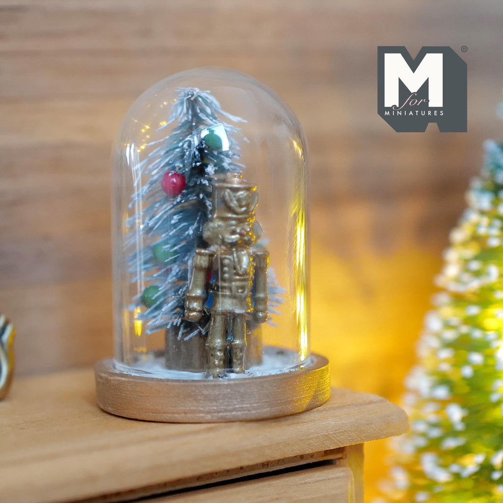 1:12 Scale Miniature Christmas Tree and Gold Toy Soldier in Glass Dome, 1-1/2 inch tall, Dollhouse Decor