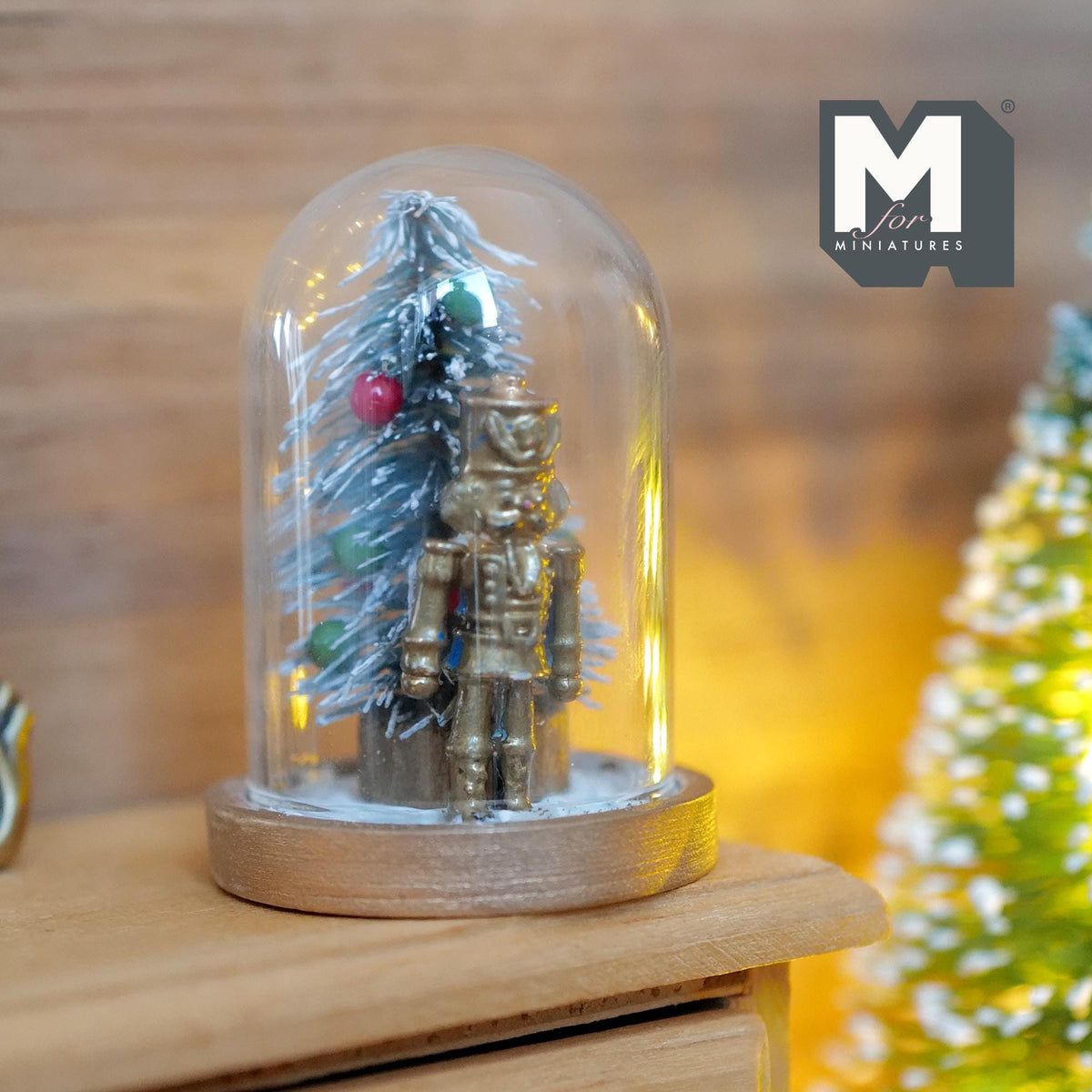 1:12 Scale Miniature Christmas Tree and Gold Toy Soldier in Glass Dome, 1-1/2 inch tall, Dollhouse Decor