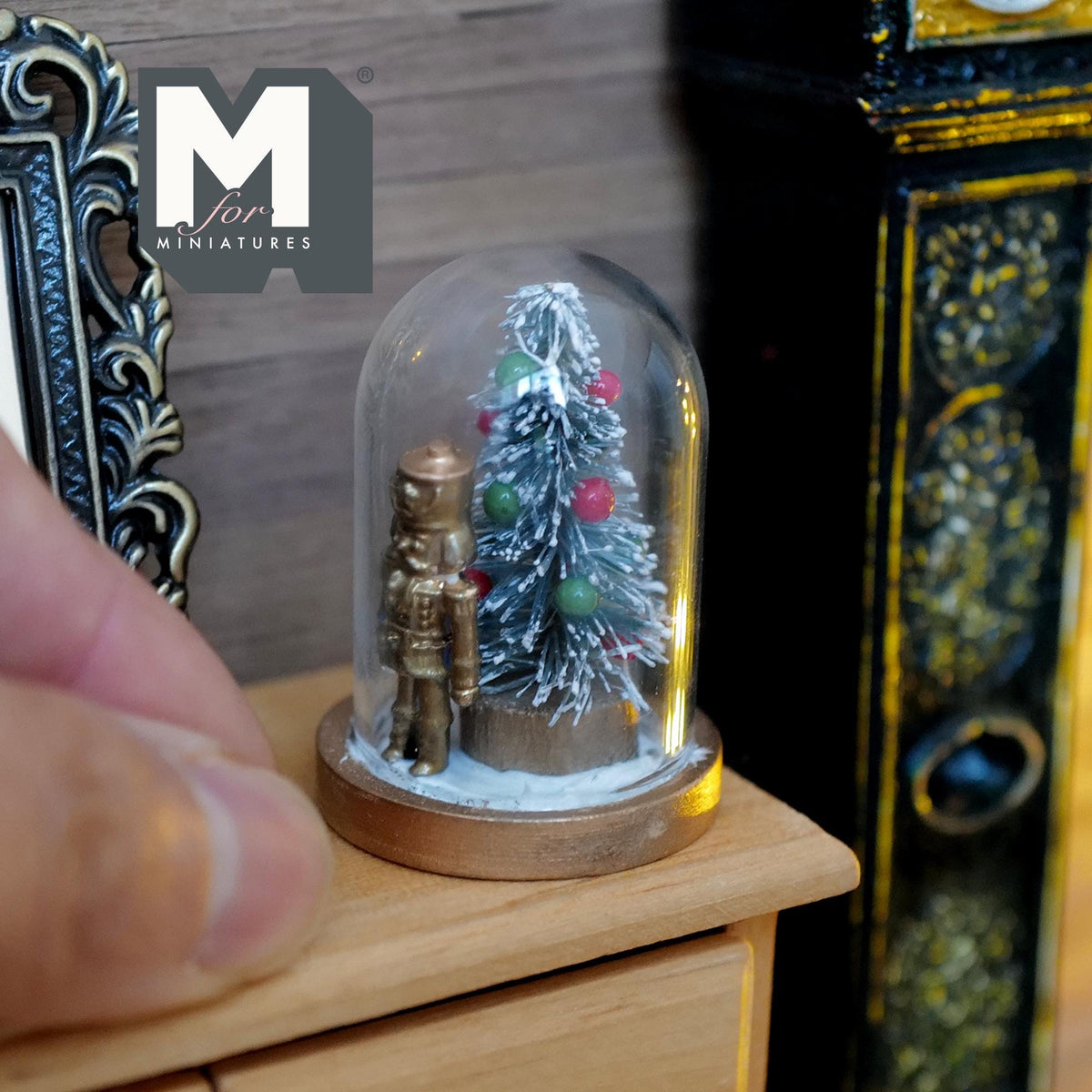 1:12 Scale Miniature Christmas Tree and Gold Toy Soldier in Glass Dome, 1-1/2 inch tall, Dollhouse Decor