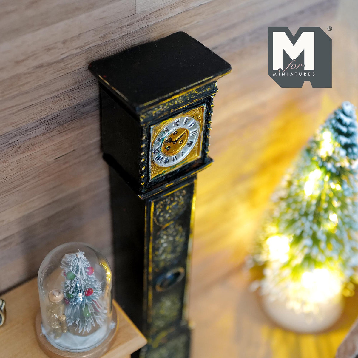 1:12 Scale Miniature Weathered Grandfather Clock with Gold Rim, 6-5/16 inch tall, Dollhouse Decor (cast resin) (black)