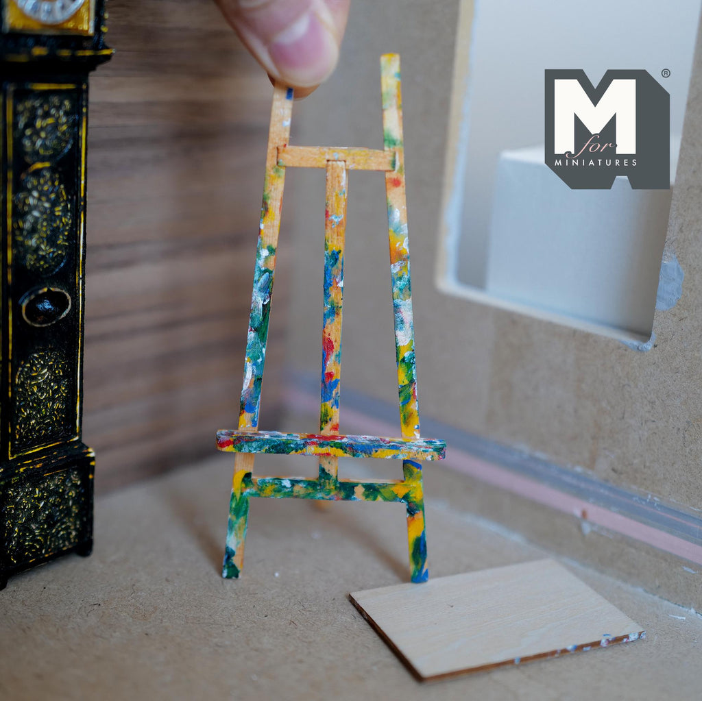 Chevalet d'artiste miniature éclaboussé de peinture à l'échelle 1:12 avec panneau vierge, 2 pièces, 4-15/16 pouces de haut, décoration pour maison de poupée