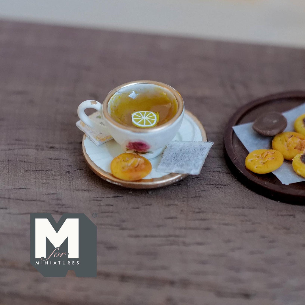 1:12 Scale Miniature Lemon Tea Cup and Saucer with Cookie, 3/4 inch dia., Dollhouse Decor (cream with gold rim)