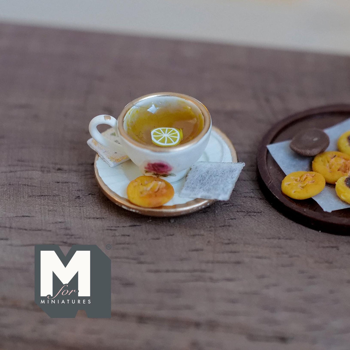 1:12 Scale Miniature Lemon Tea Cup and Saucer with Cookie, 3/4 inch dia., Dollhouse Decor (cream with gold rim)