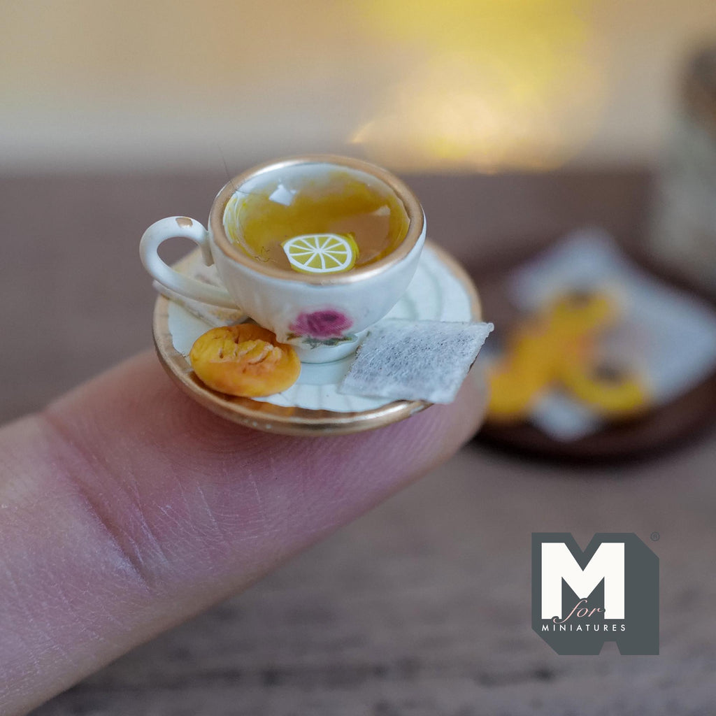 1:12 Scale Miniature Lemon Tea Cup and Saucer with Cookie, 3/4 inch dia., Dollhouse Decor (cream with gold rim)