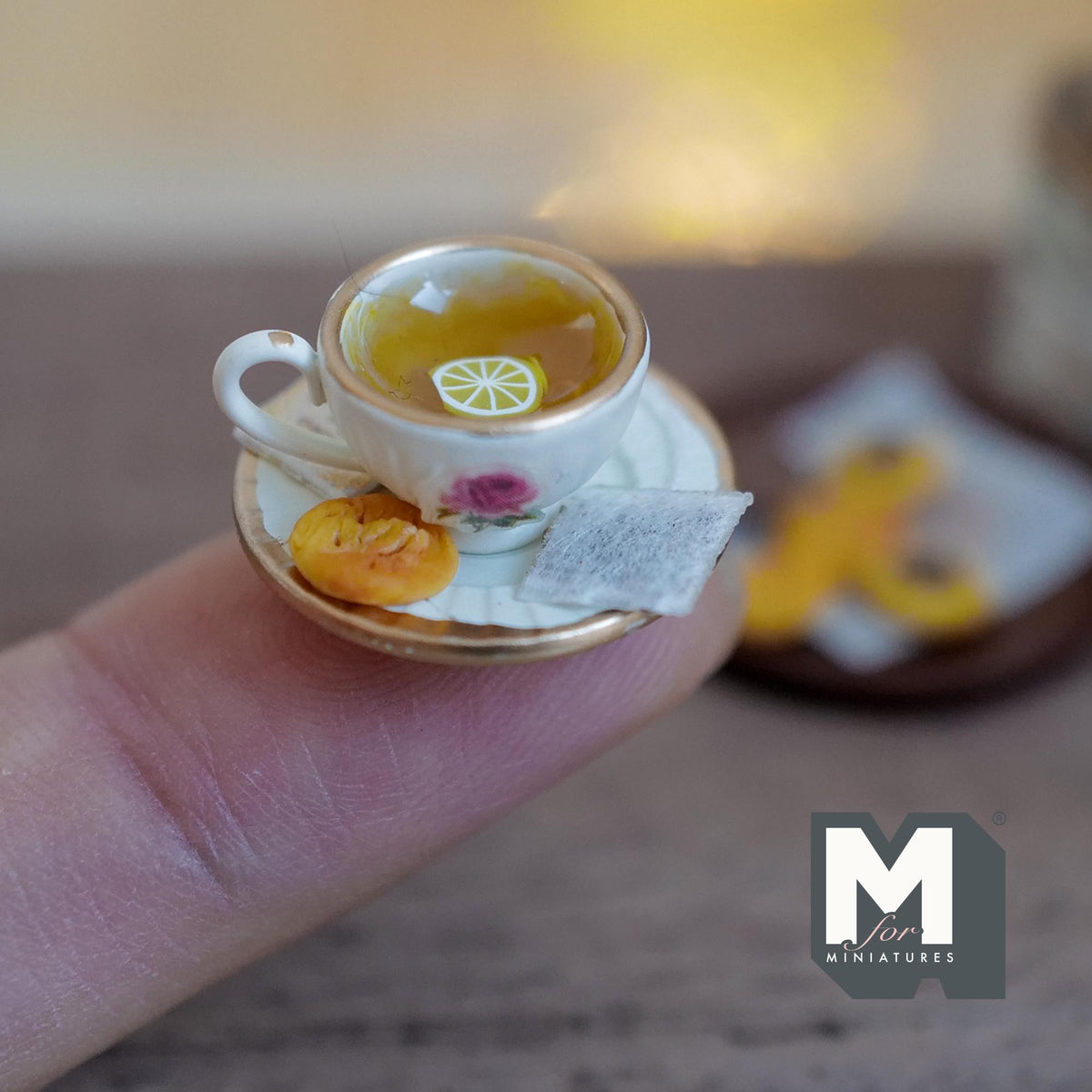 1:12 Scale Miniature Lemon Tea Cup and Saucer with Cookie, 3/4 inch dia., Dollhouse Decor (cream with gold rim)